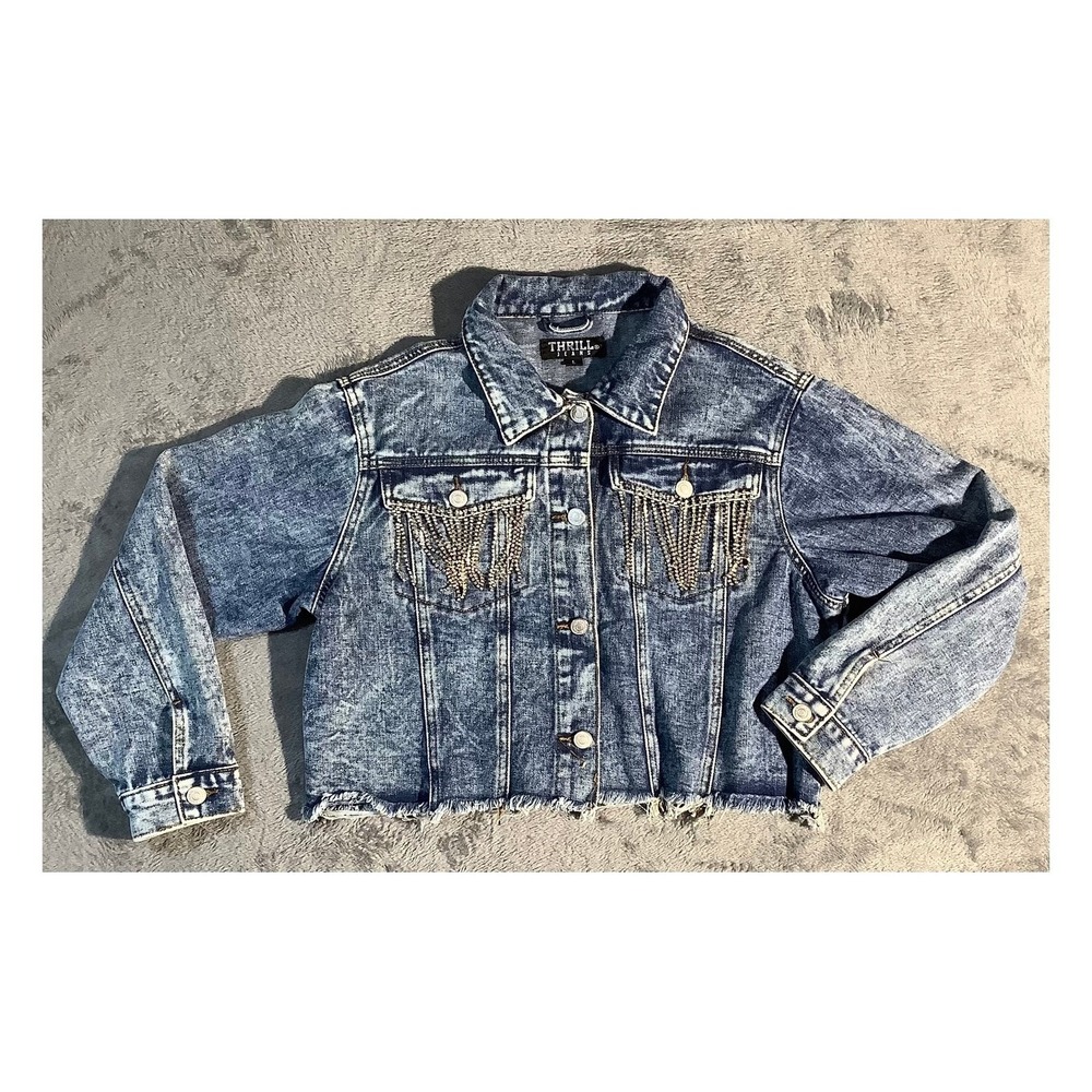 Thrill Jeans Women's Acid Wash Cropped Denim Jacket Rhinestone Fringe Blue L
